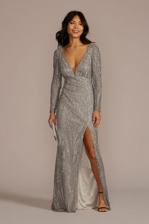 Long Sleeve Sequin Encrusted Gown with ...